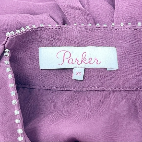 PARKER Women’s Burgundy Silk TESSA Choker Neck Bell Slv Keyhole Beaded Dress  XS - Picture 6 of 8